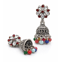 Oxidized Silver Floral Jhumka Earrings with Red Stones & Multicolor Beads