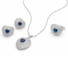 Blue Heart Crystal Jewellery Set – Silver Tone Necklace, Earrings & Ring Set