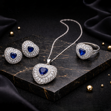 Blue Heart Crystal Jewellery Set – Silver Tone Necklace, Earrings & Ring Set