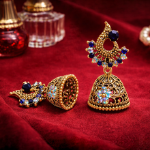 Antique Gold Navy Blue Stone Jhumka Earrings – Traditional Ethnic Jewellery