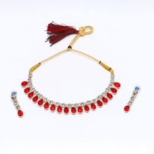 Gold Tone Red Stone Kundan Necklace Set with Matching Earrings & Maang Tikka