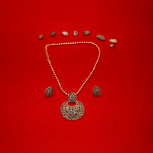 Traditional Gold Finish Red & Green Stone Pendant Necklace Set with Matching Earrings