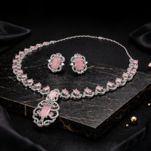 Elegant Silver Finish Pink Stone Necklace Set for Women