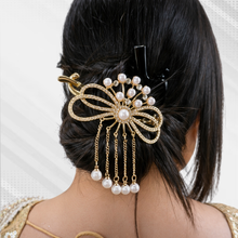 Gold Pearl Bow Crystal Bridal Hair Comb with Chain Drops for Women