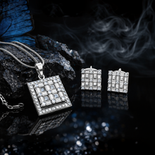 Luxury Silver Square Crystal Pendant Necklace Set with Earrings