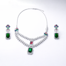 Silver Finish American Diamond Necklace Set with Green & Multicolor Stones
