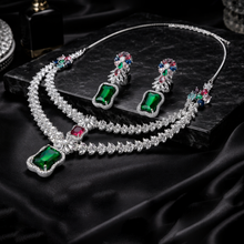 Silver Finish American Diamond Necklace Set with Green & Multicolor Stones