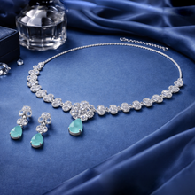 Silver Finish American Diamond Necklace Set with Aqua Blue Drop Stones