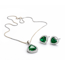 Green Stone Pendant Necklace Set – Silver Tone Crystal Statement Jewellery Set