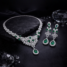 Silver Finish American Diamond Necklace Set with Emerald Green Tear Drop Stones