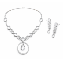 Silver Finish American Diamond Teardrop Pendant Necklace Set with Matching Earrings