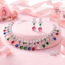 Multicolour Crystal Drop Necklace Set with Stud Jhumka Earrings