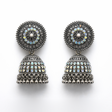Antique Oxidised Crystal Studded Jhumka Earrings