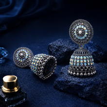 Antique Oxidised Crystal Studded Jhumka Earrings