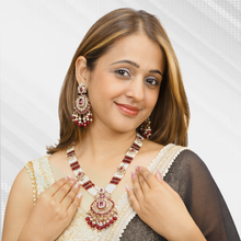 Royal Gold Finish Kundan Pearl Bridal Necklace Set with Red Beads