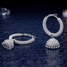 Silver Finish Oxidised Hoop Jhumka Earrings for Women