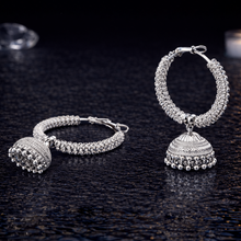 Silver Finish Oxidised Hoop Jhumka Earrings for Women