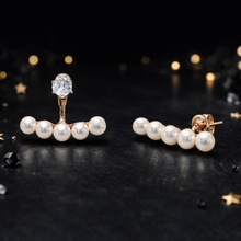 Rose Gold Pearl Bar Stud Earrings with CZ Solitaire