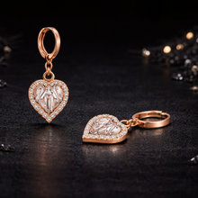 Rose Gold Heart Drop Hoop Earrings –
