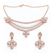 Rose Gold Finish American Diamond & Pearl Necklace Set with Matching Earrings