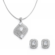 Silver Finish American Diamond Square Pendant Necklace Set with Matching Earrings