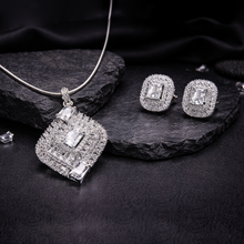 Silver Finish American Diamond Square Pendant Necklace Set with Matching Earrings