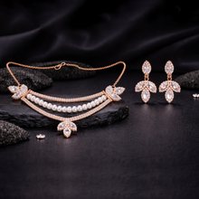 Rose Gold Finish American Diamond & Pearl Necklace Set with Matching Earrings