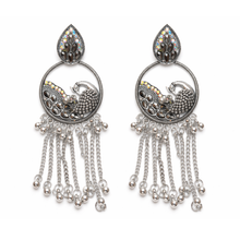 Oxidized Silver Peacock Chain Drop Earrings for Women