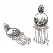 Oxidized Silver Peacock Chain Drop Earrings for Women