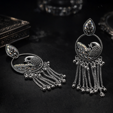 Oxidized Silver Peacock Chain Drop Earrings for Women