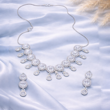 Royal Silver Tone American Diamond Statement Necklace Set with Drop Earrings