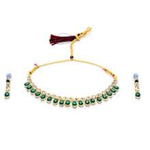 Gold Tone Green Stone Kundan Necklace Set with Matching Earrings & Maang Tikka