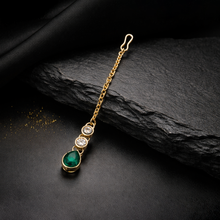 Gold Tone Green Stone Kundan Necklace Set with Matching Earrings & Maang Tikka