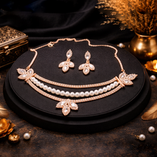 Rose Gold Finish American Diamond & Pearl Necklace Set with Matching Earrings