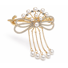 Gold Pearl Bow Crystal Bridal Hair Comb with Chain Drops for Women