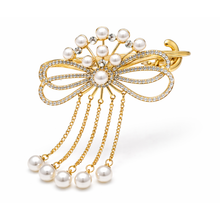 Gold Pearl Bow Crystal Bridal Hair Comb with Chain Drops for Women