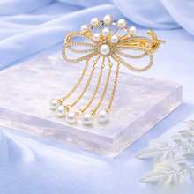 Gold Pearl Bow Crystal Bridal Hair Comb with Chain Drops for Women