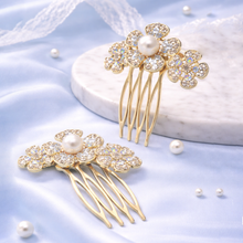 Gold Tone Floral Pearl & Crystal Hair Comb Set (Pair)